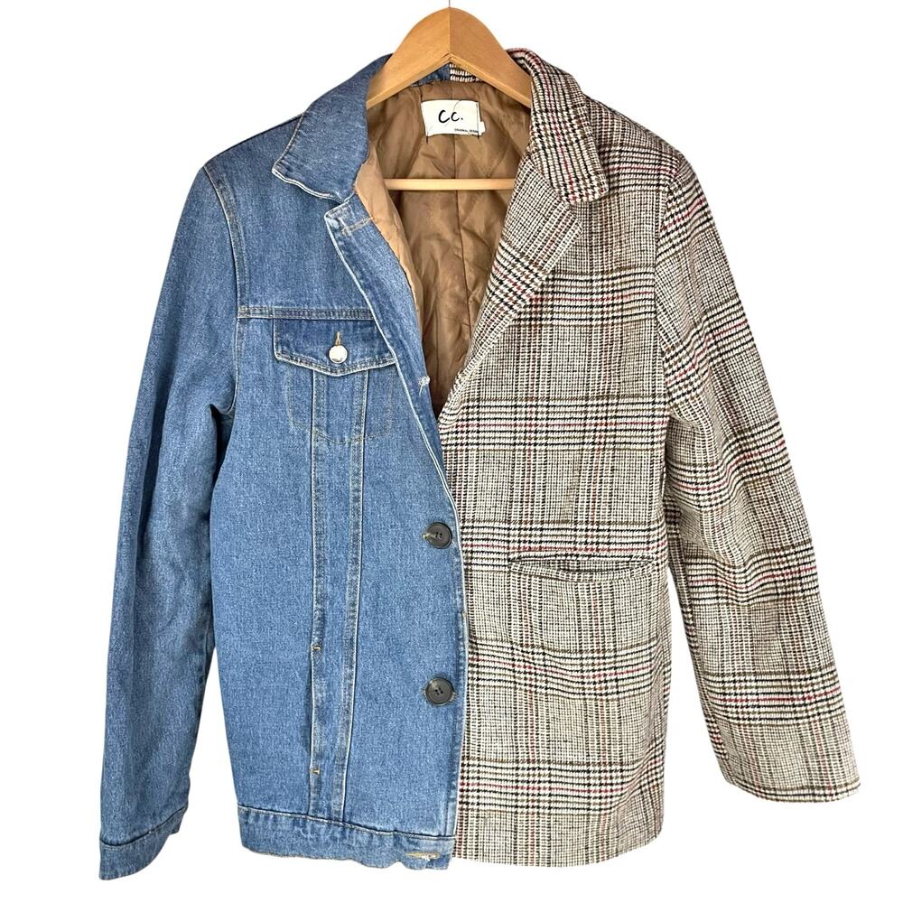 CC Original Design Handmade Half-Denim Half-Houndstooth Tweed Jacket Size L